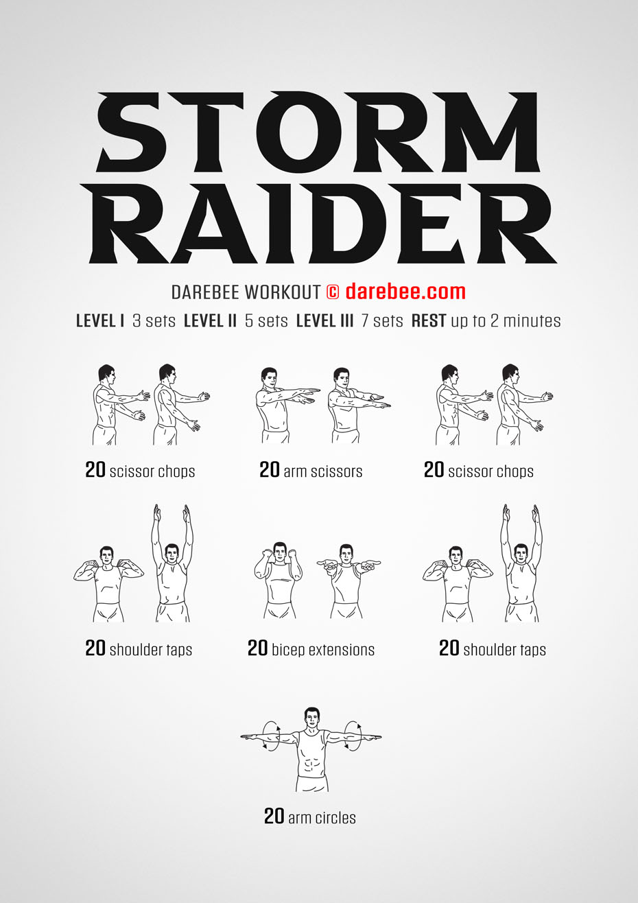 Storm Raider is a DAREBEE home fitness upper body strength workout that will not drain your batteries.