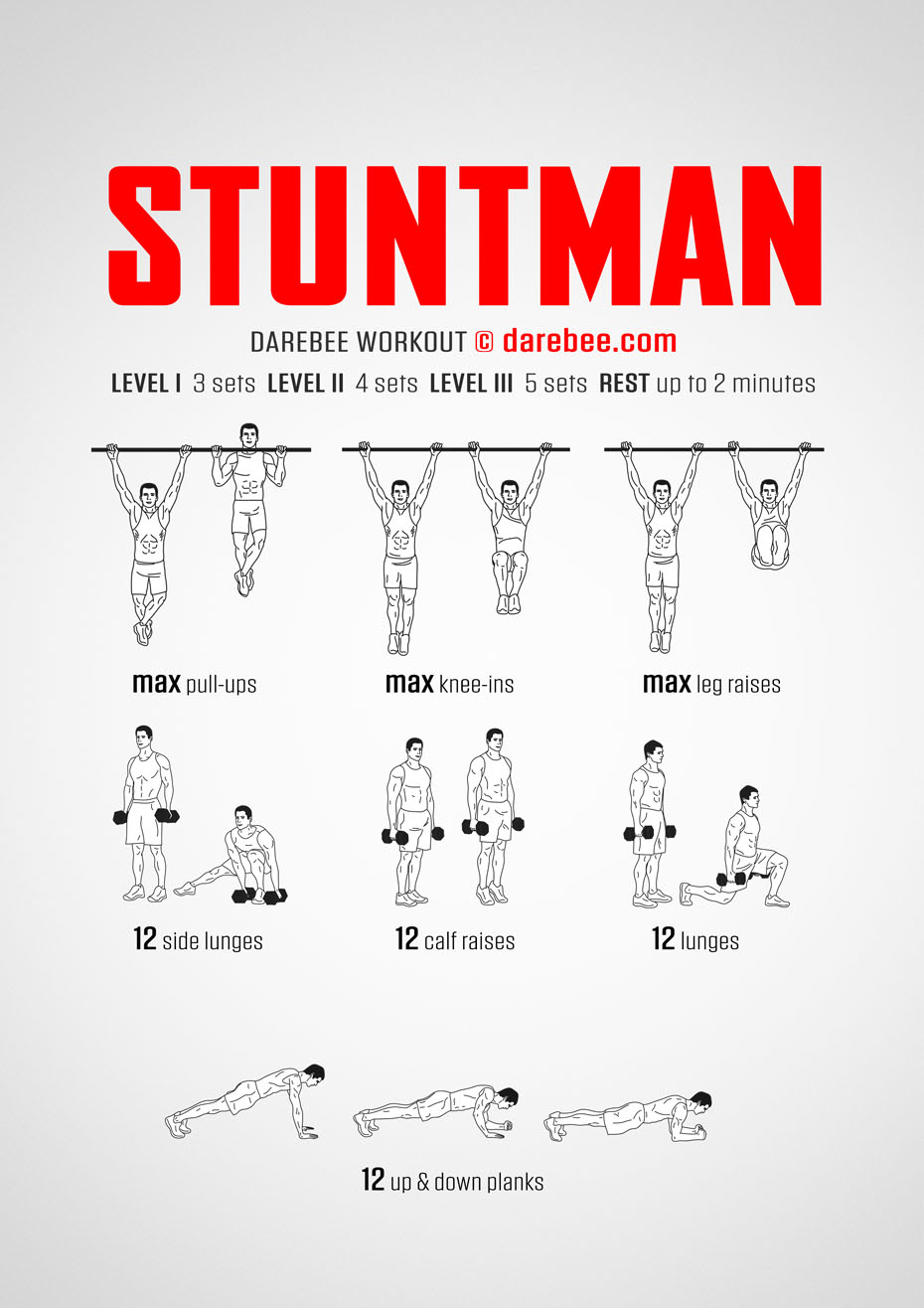 Stuntman is a full-body, explore-the-limits of your ability Darebee home fitness, strength workout.