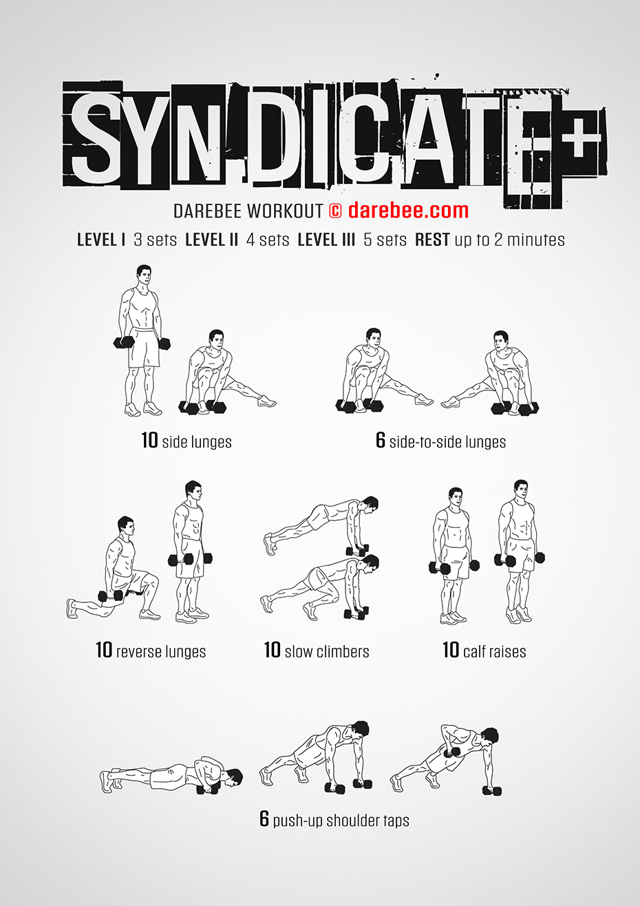 Syndicate Plus is a DAREBEE total body strength dumbbells based resistance training home workout that will make you stronger and more mobile, faster.