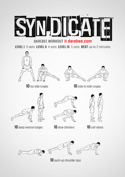 Syndicate is a DAREBEE no-equipment home-fitness total body strength workout that will leave you feeling stronger and more in control of your body.