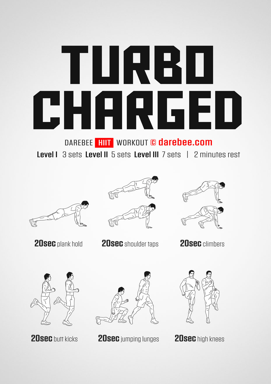 Turbo Charged is a High Intensity Interval Training Darebee home-fitness workout that will get you fitter, faster.