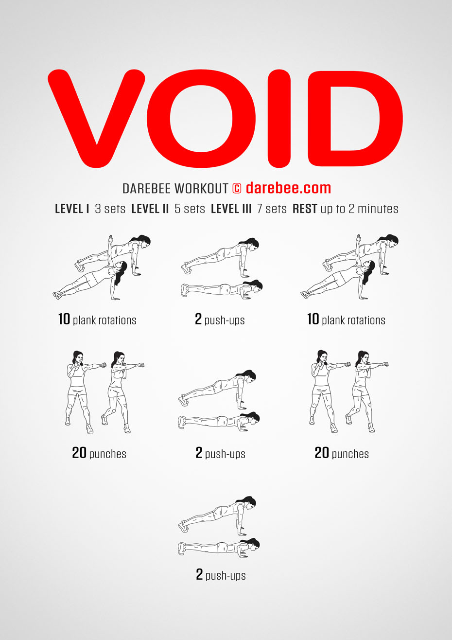 Void is a Darebee home-fitness upper body workout that combines combat moves and floor, bodyweight exercises for that special targeting of specific upper body muscles.