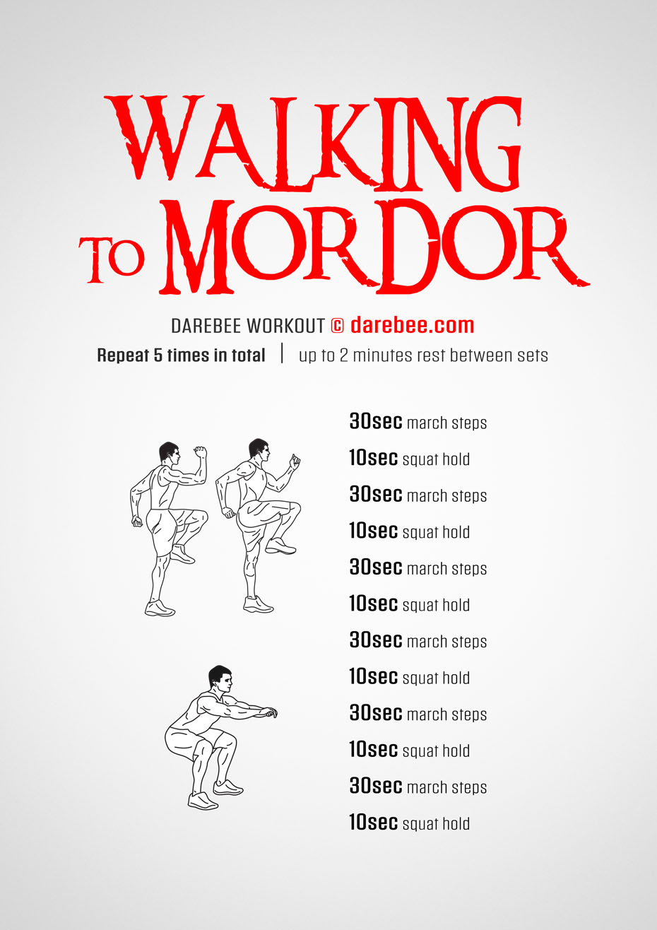 Walking To Mordor is a Darebee home-fitness aerobic and cardiovascular workout that helps you improve your baseline fitness.