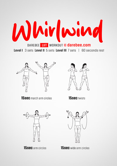 Whirwind is a DAREBEE Low Intensity Interval Training (LIIT) workout designed specifically to help your cardiovascular and aerobic fitness without draining your energy.