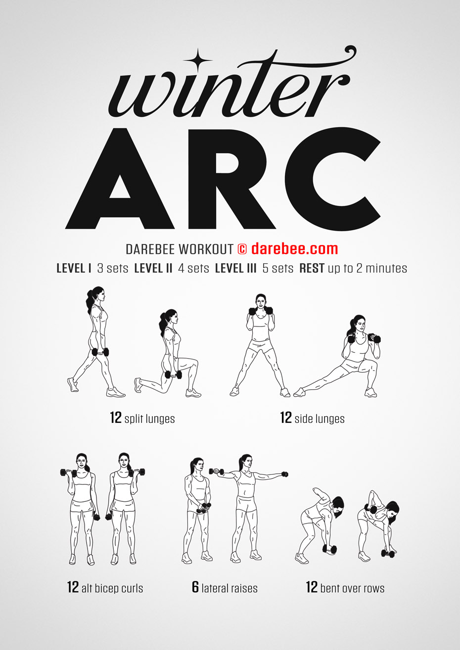 Winter Arc is a DAREBEE equipment, total body strength home workout that helps you get stronger and fitter, all over.