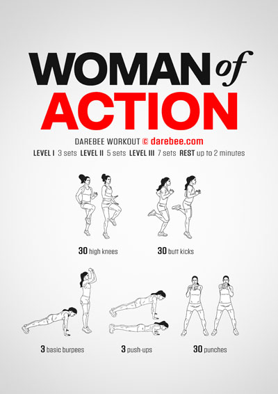 Woman of Action is a DAREBEE home fitness no-equipment bodyweight home workout that helps you raise your overall fitness level.