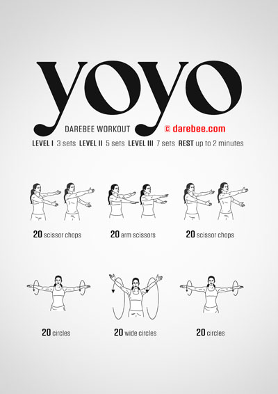 Yoyo is a DAREBEE home fitness no equipment upper body workout that targets upper body tendons and ligaments as much as it targets upper body muscles.