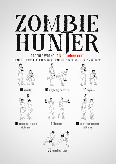 Zombie Hunter is a Darebee home-fitness strength, speed and endurance workout you can perform at home with a single dumbbell. 