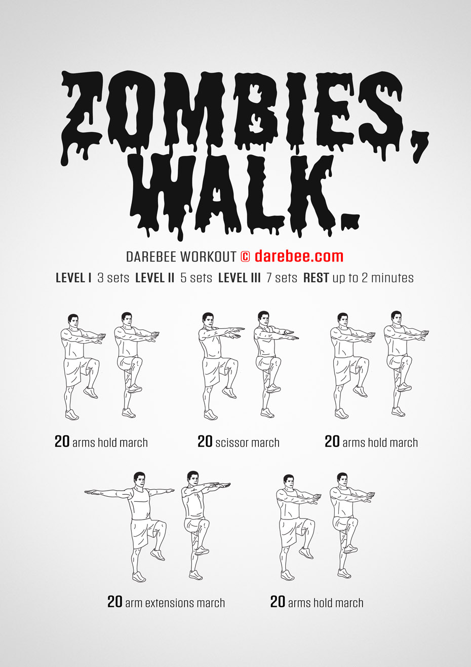 Zombies Walk is a DAREBEE home fitness no-equipment aerobic and cardiovascular workout that will help you get fitter without tiring you out too much. t 